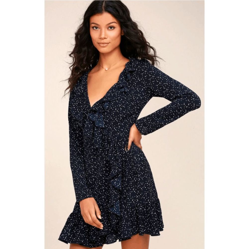 ✧ Just Like New ✧   Lulus ║  Navy Blue Polka Dot Wrap Dress